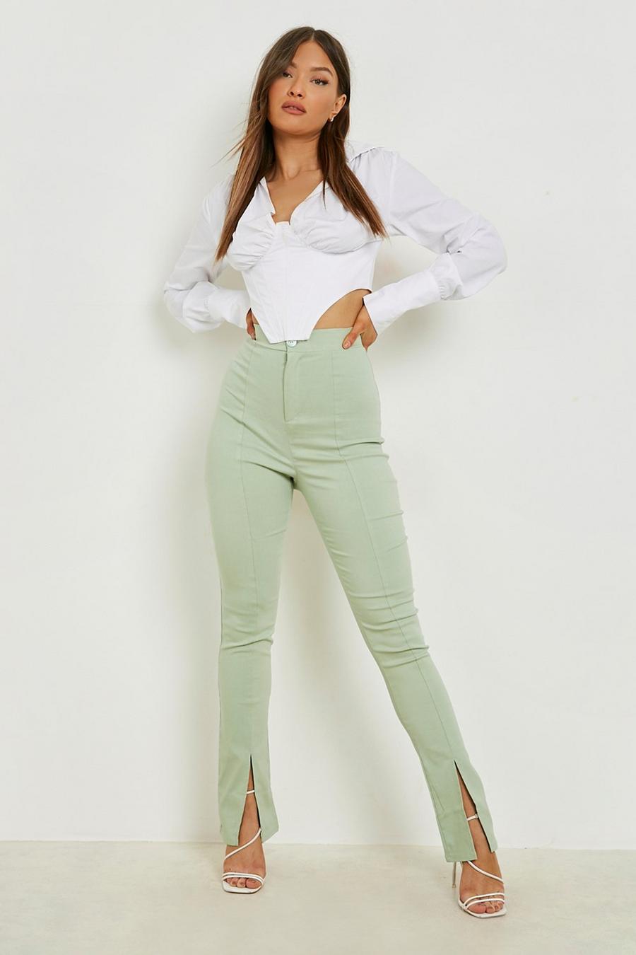 Sage green Split Front Skinny Woven Stretch Trouser