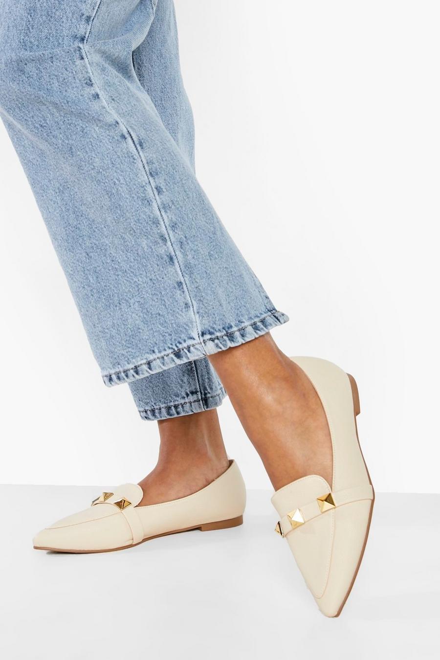 Nude Pointed Toe Stud Detail Ballet Flats image number 1