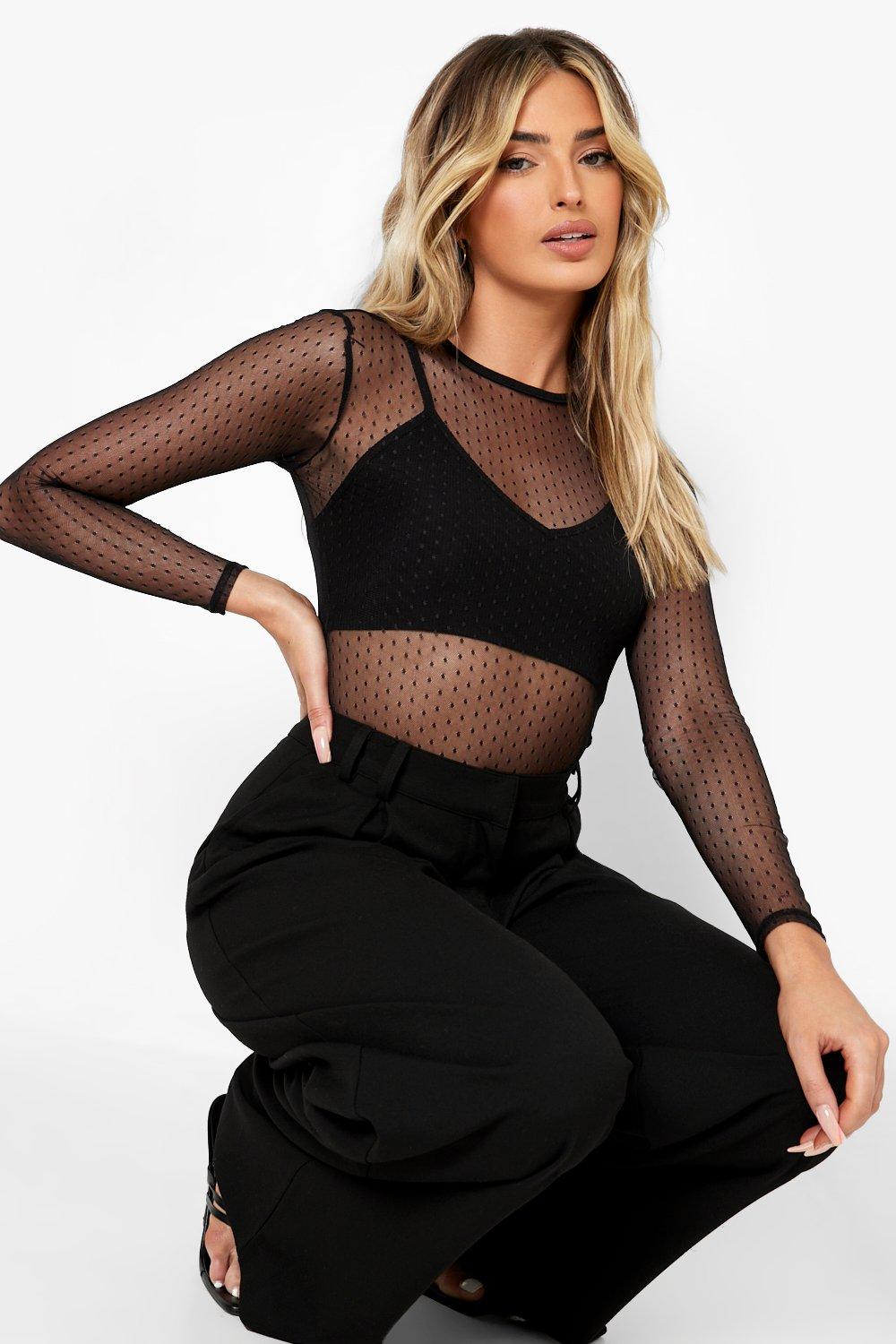 Slacks and Chinos Cargo trousers Boohoo Dobby Mesh Long Sleeve One Piece in Black Womens Clothing Trousers 