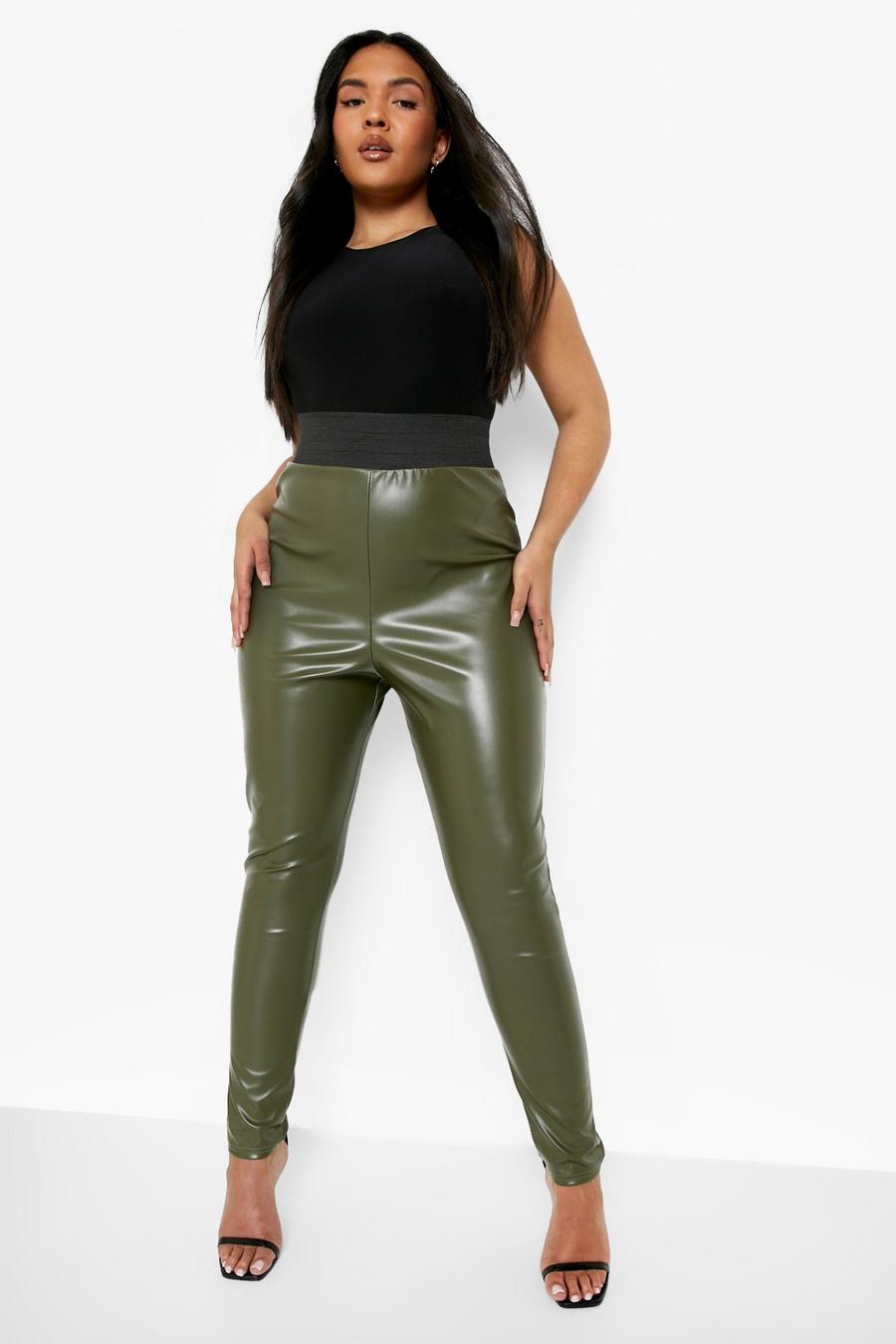 Khaki Plus Matte Leather Look Stretch Leggings image number 1