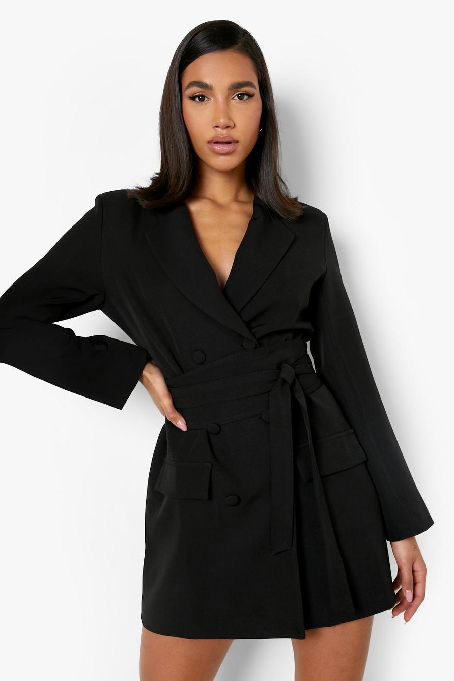 Blazer-Kleid mit Taschen-Detail und Bindegürtel, Black noir