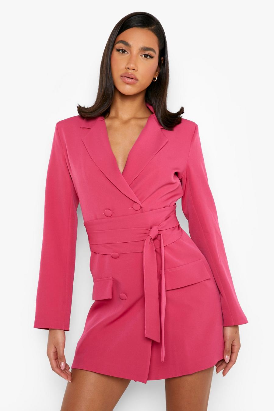 Hot pink Obi Tie Waist Pocket Detail Blazer Dress