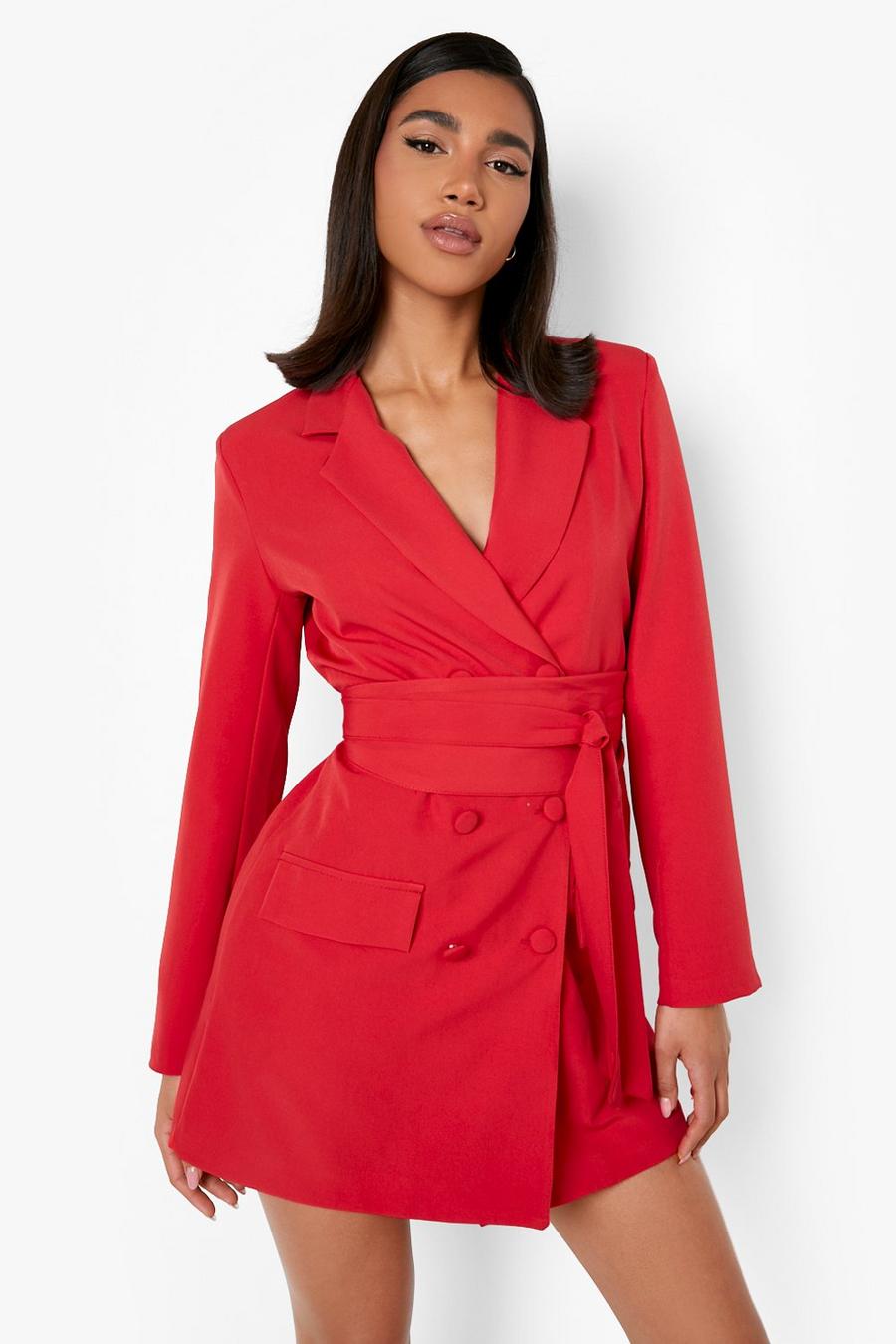 Red Obi Tie Waist Pocket Detail Blazer Dress image number 1