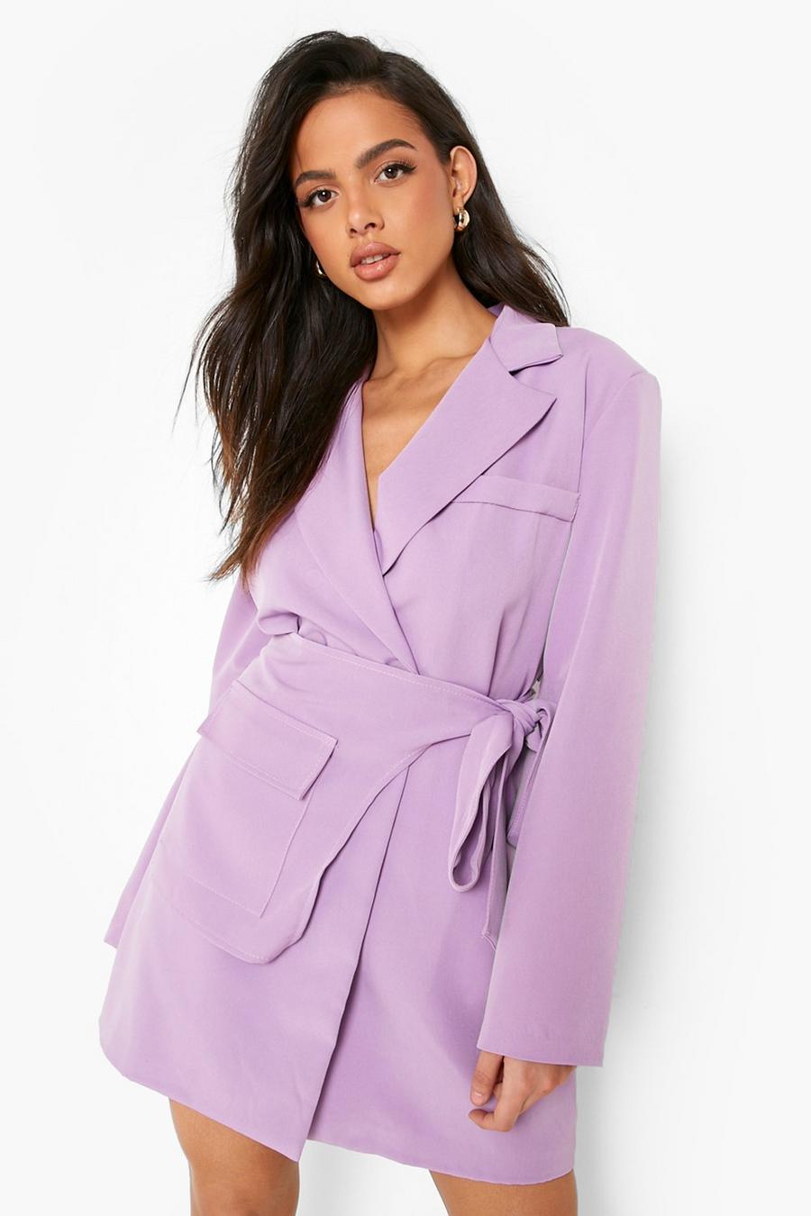 Lilac violet Belt Detail Wrap Front Blazer Dress