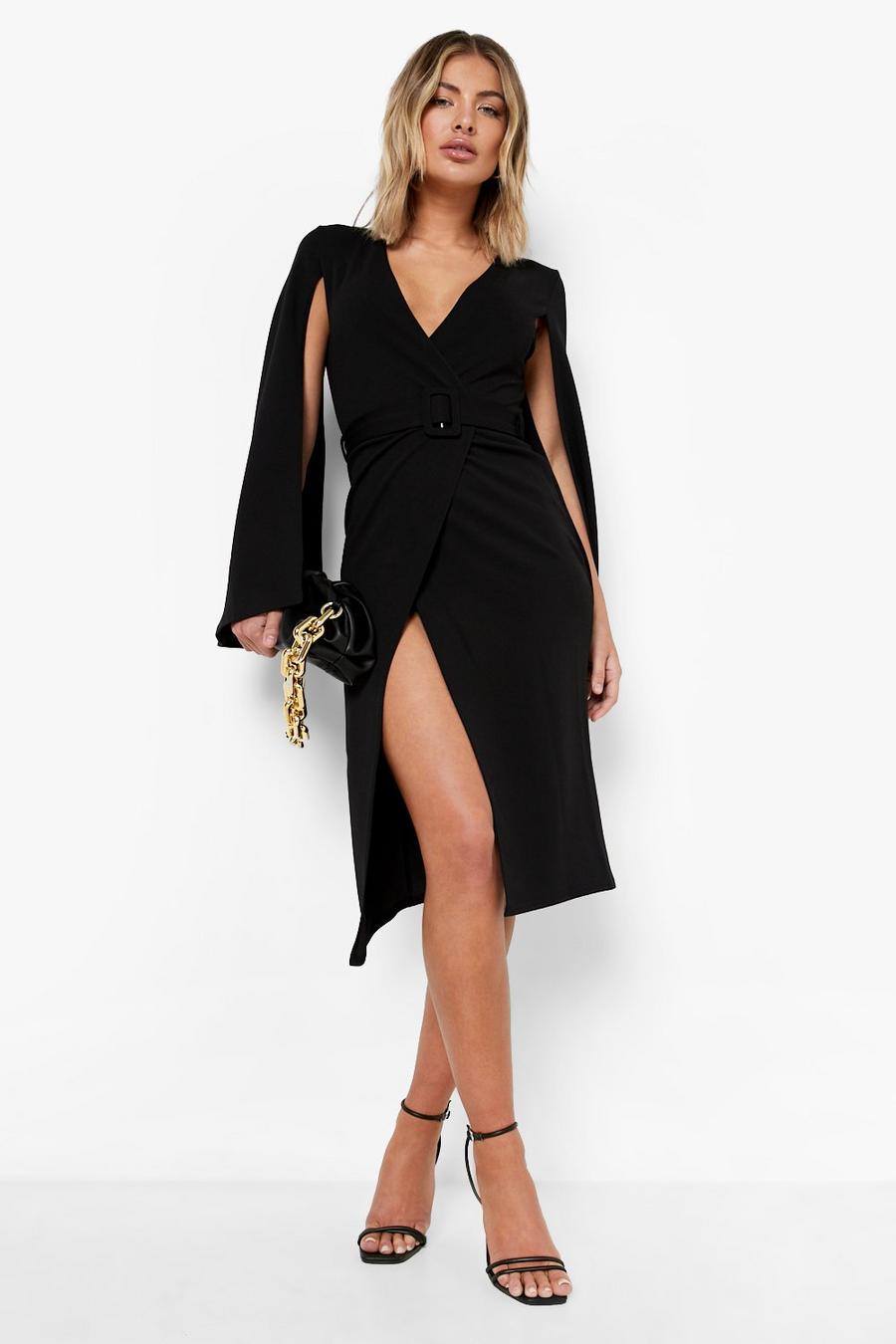 Black Cape Detail Belted Wrap Midi Blazer Dress image number 1