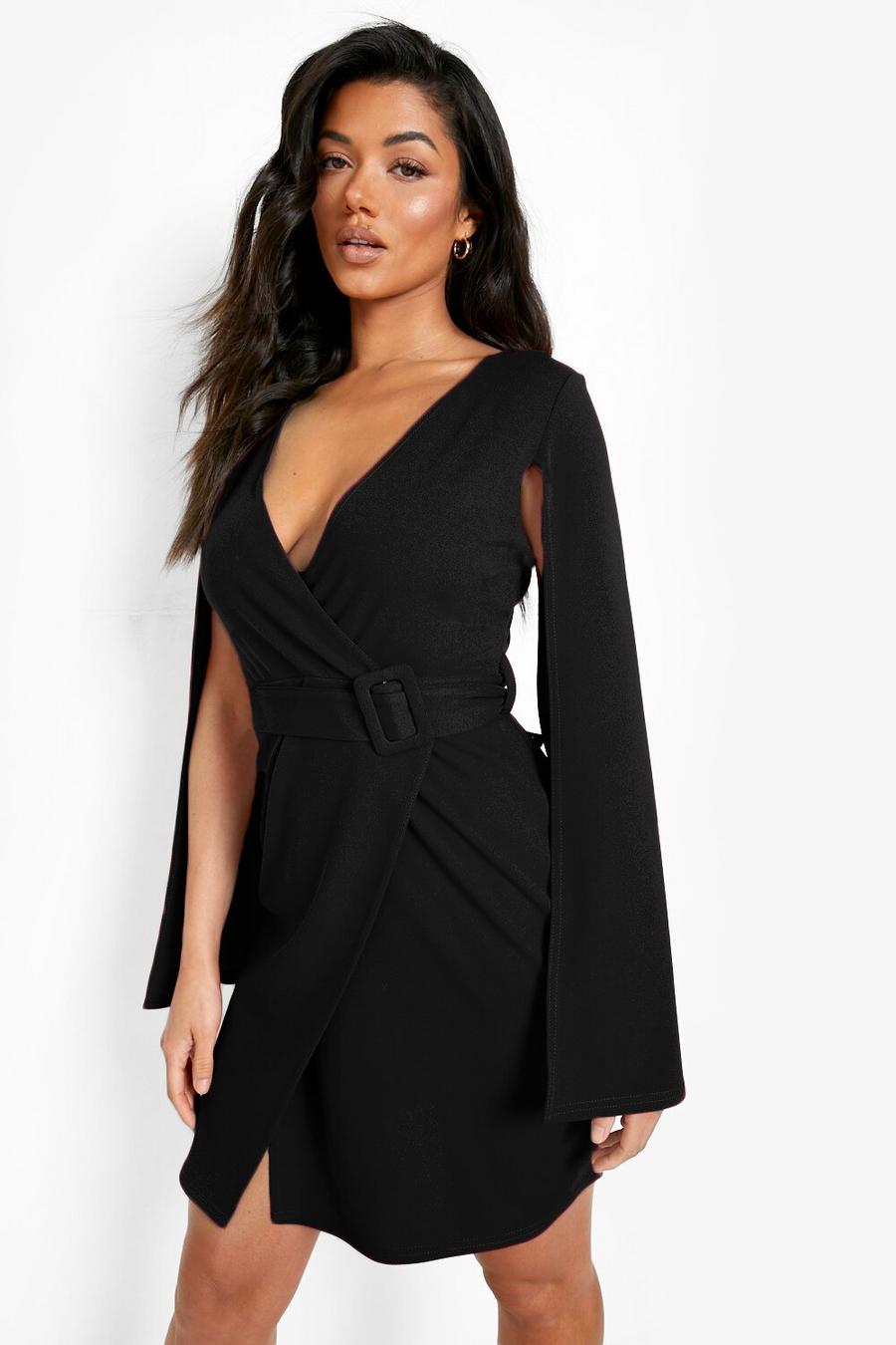 Black Cape Sleeve Detail Belted Blazer Dress