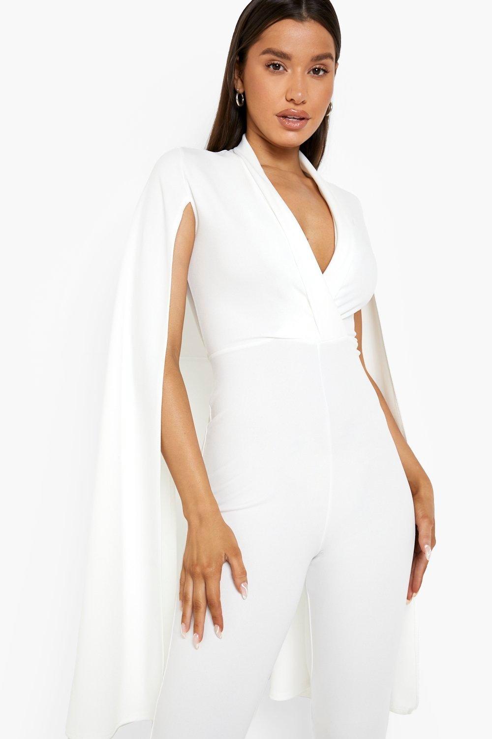 African Women White Jumpsuit Evening Dress With Pockets Deep V