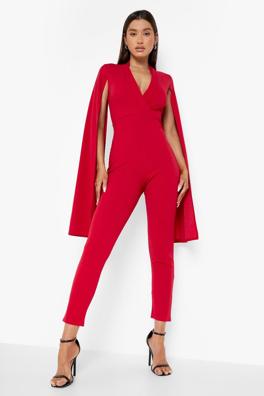 Red Tailored Cape Detail Slim Leg Jumpsuit image number 1