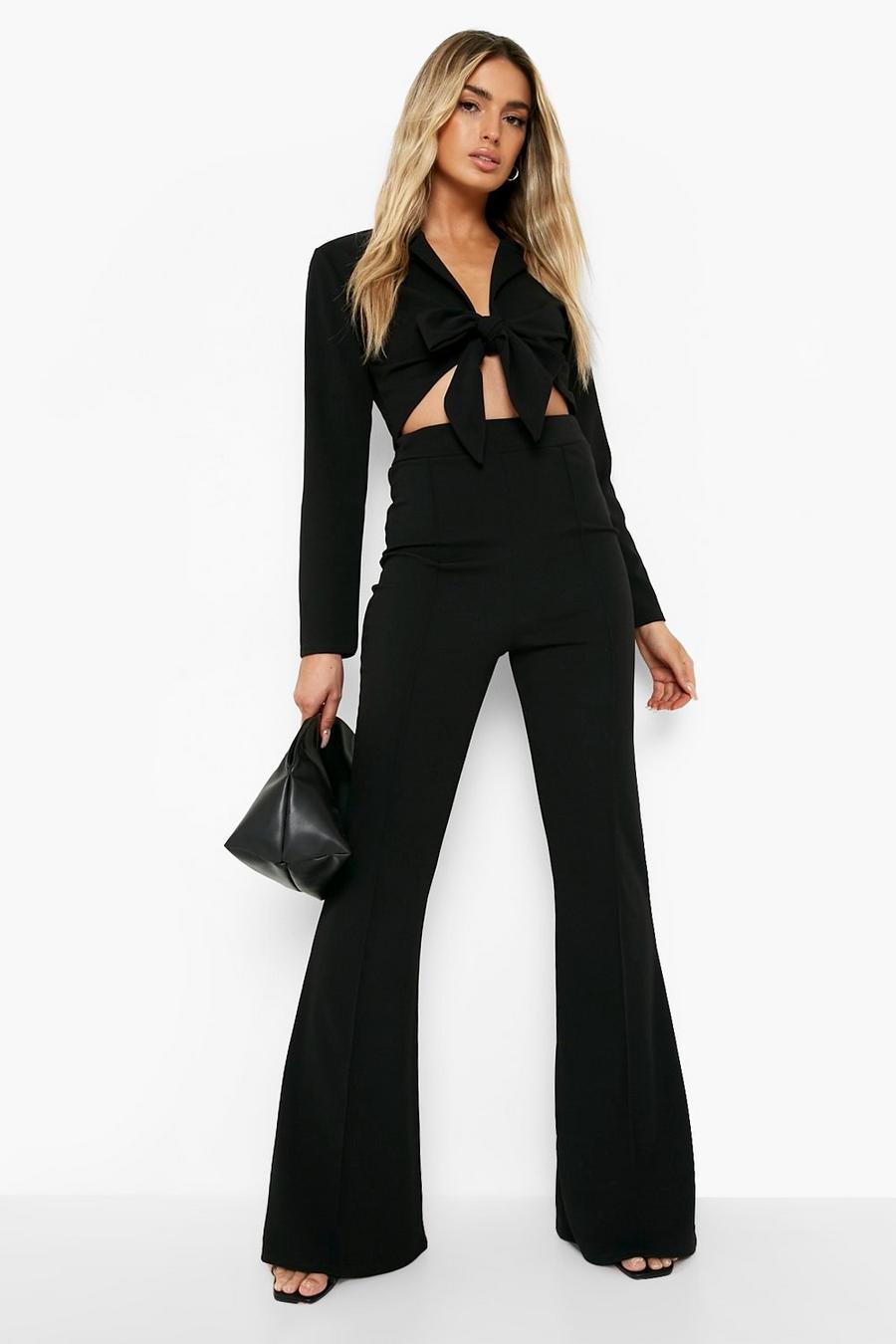 Black Knot Front Crop Blazer & Flared Trouser Suit