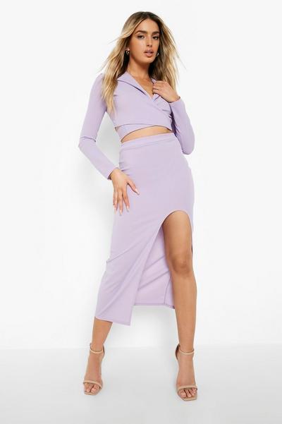 boohoo lilac Wrap Detail Crop Blazer & Split Midaxi Skirt