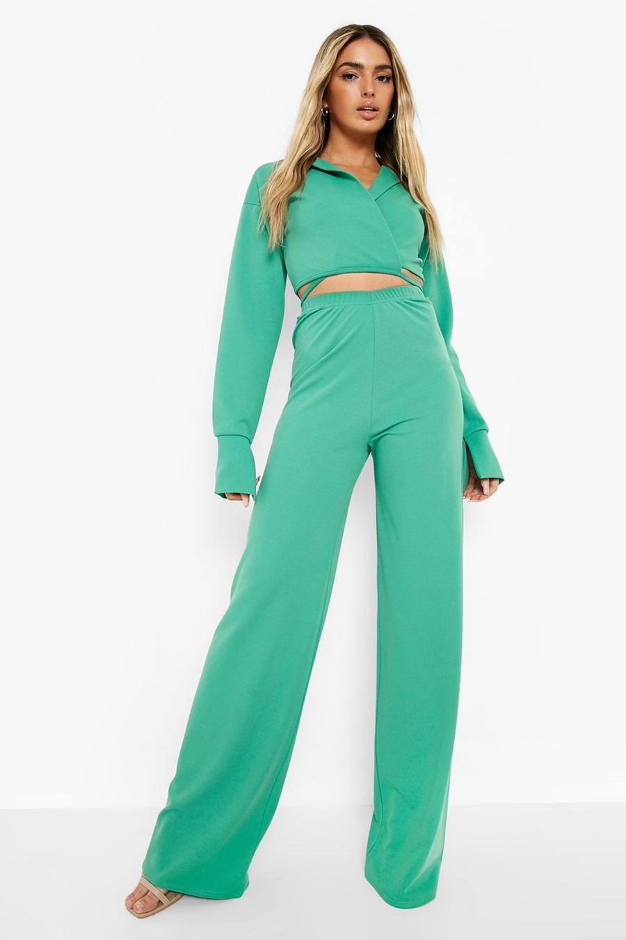 Apple green Tie Waist Cropped Shirt & Wide Leg Pants image number 1