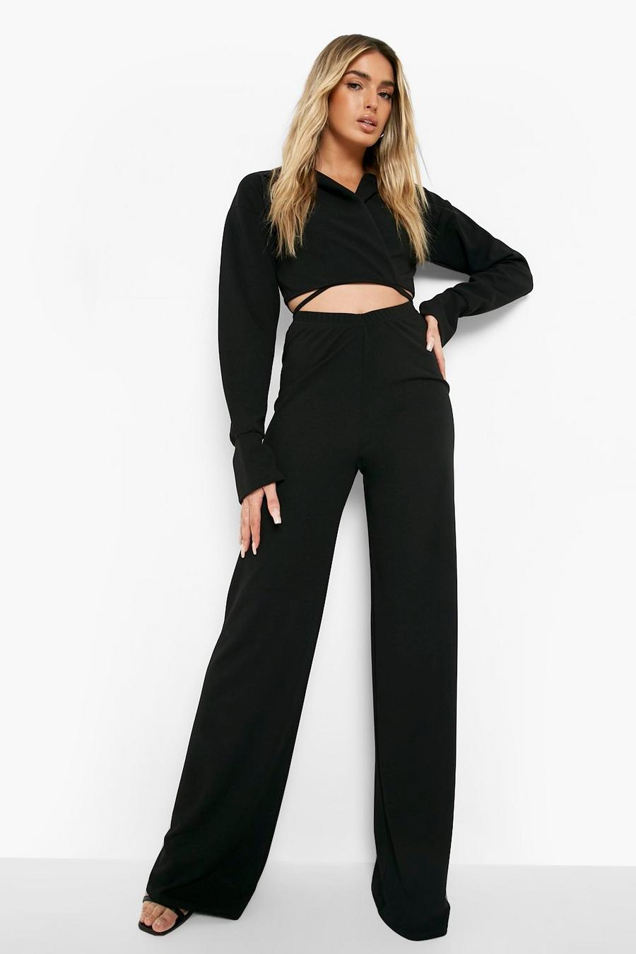 Black Tie Waist Cropped Shirt & Wide Leg Trousers  image number 1