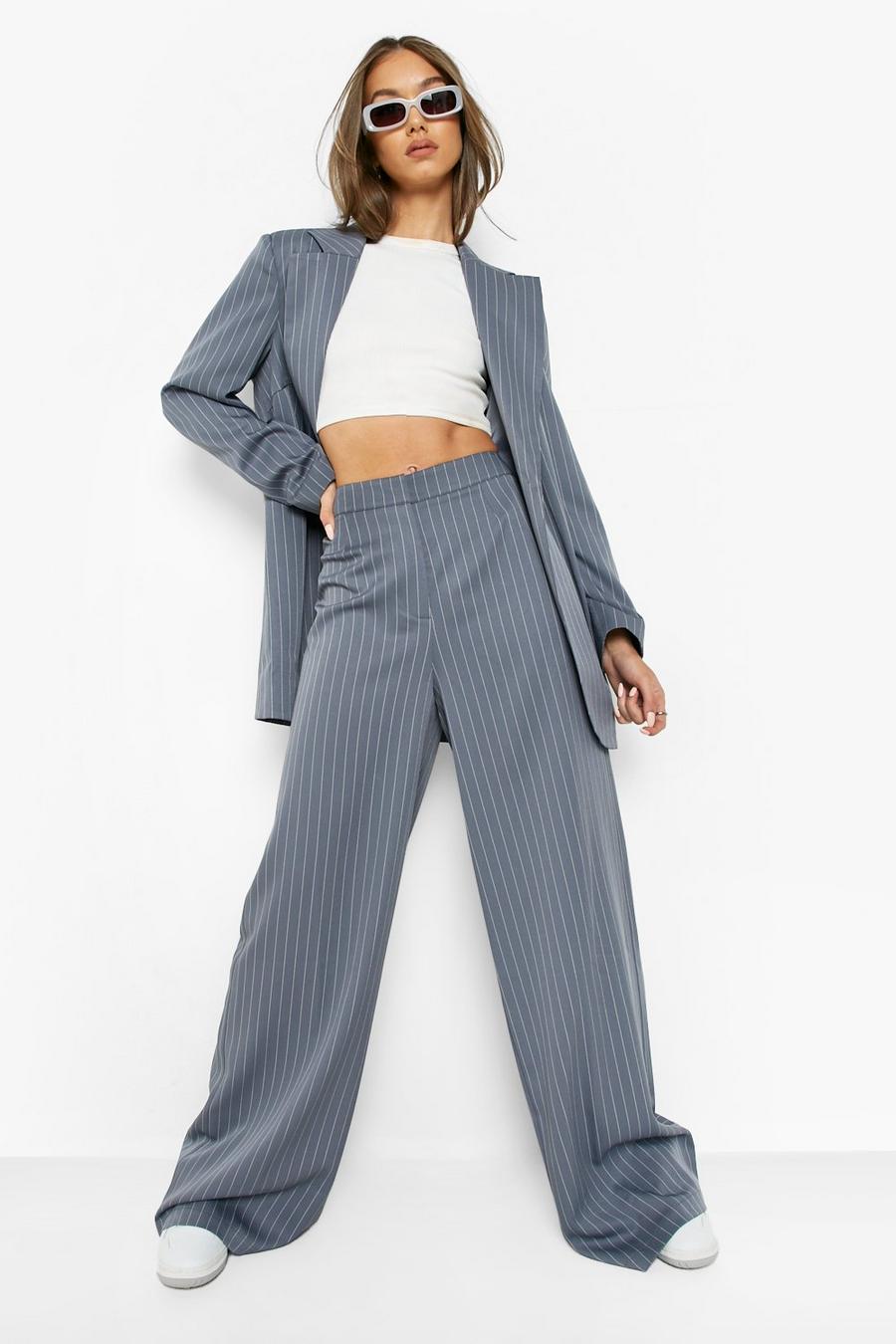 Grey Pinstripe Relaxed Fit Wide Leg Pants image number 1