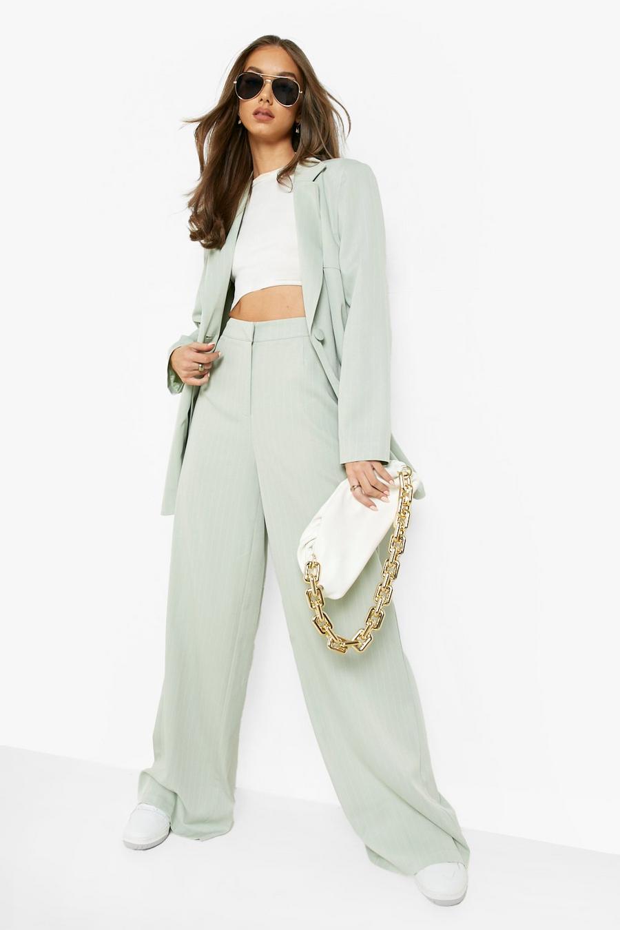 Sage green Pinstripe Relaxed Fit Wide Leg Pants image number 1