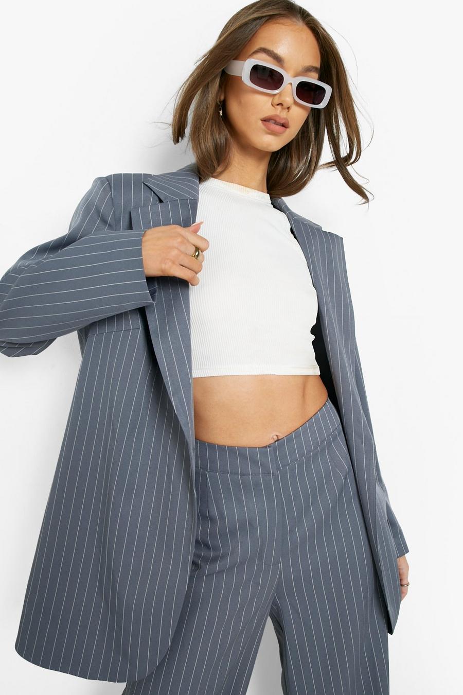 Grey gris Pinstripe Oversized Longline Blazer