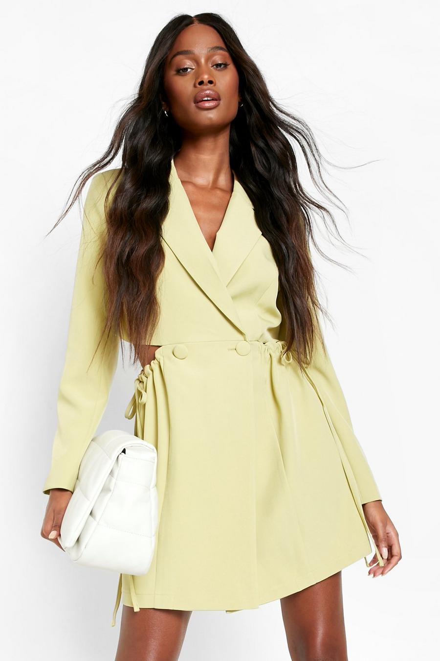 Olive green Ruched Tie Side Tailored Blazer Dress