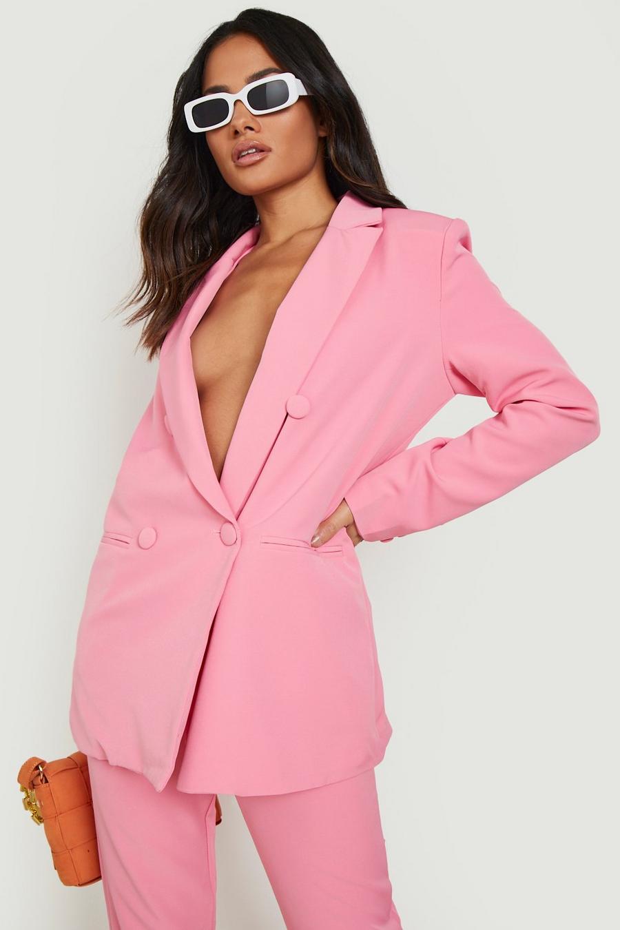 Candy pink rosa Tailored Double Breasted Button Sleeve Blazer