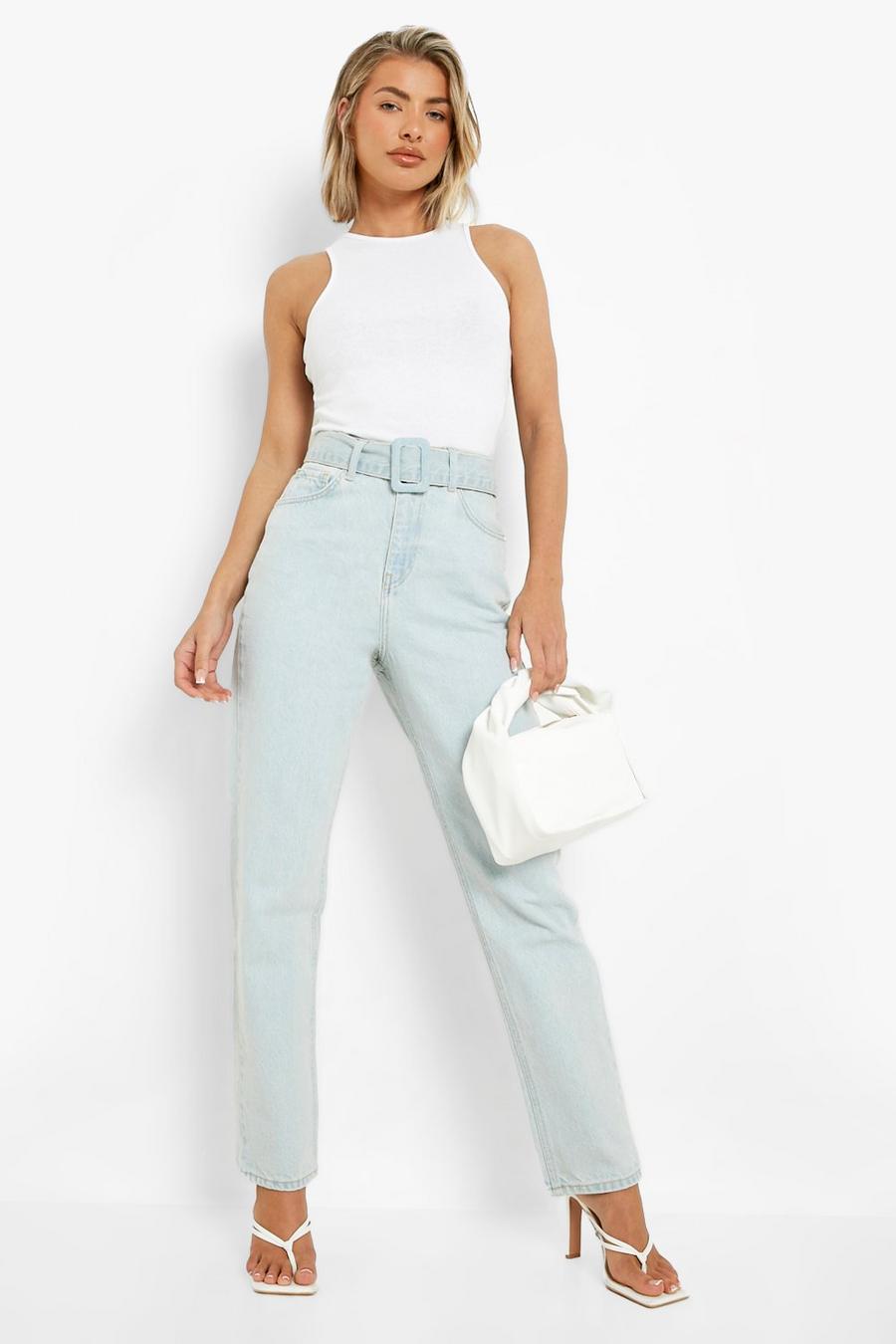 Light wash blue Buckle Belted Tapered Jean