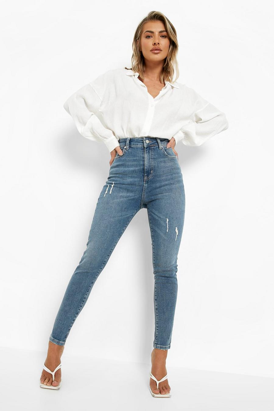 Stretch Skinny Jeans mit hohem Bund, Stonewash image number 1