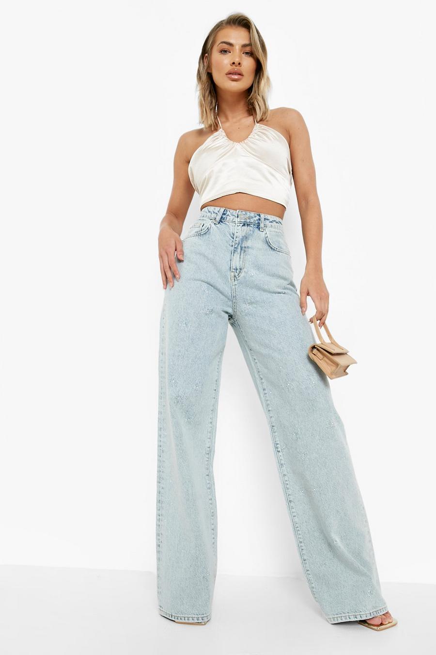 Blue B Women's Blowing Your Mind Slit-Front Wide Leg Rhinestone Jeans in Light Wash - Size M