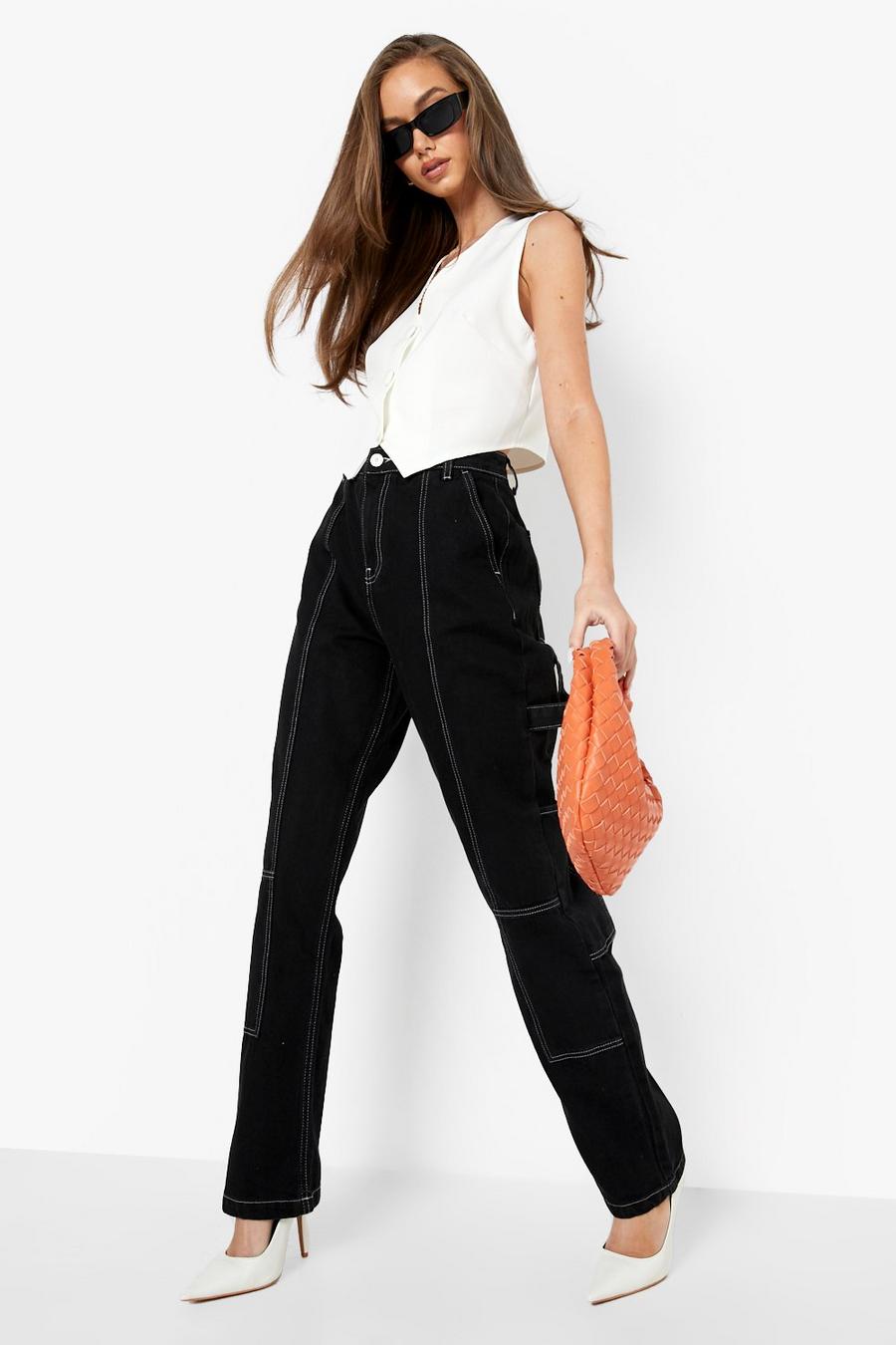 Jeans stile Carpenter con cuciture a contrasto, Black negro image number 1