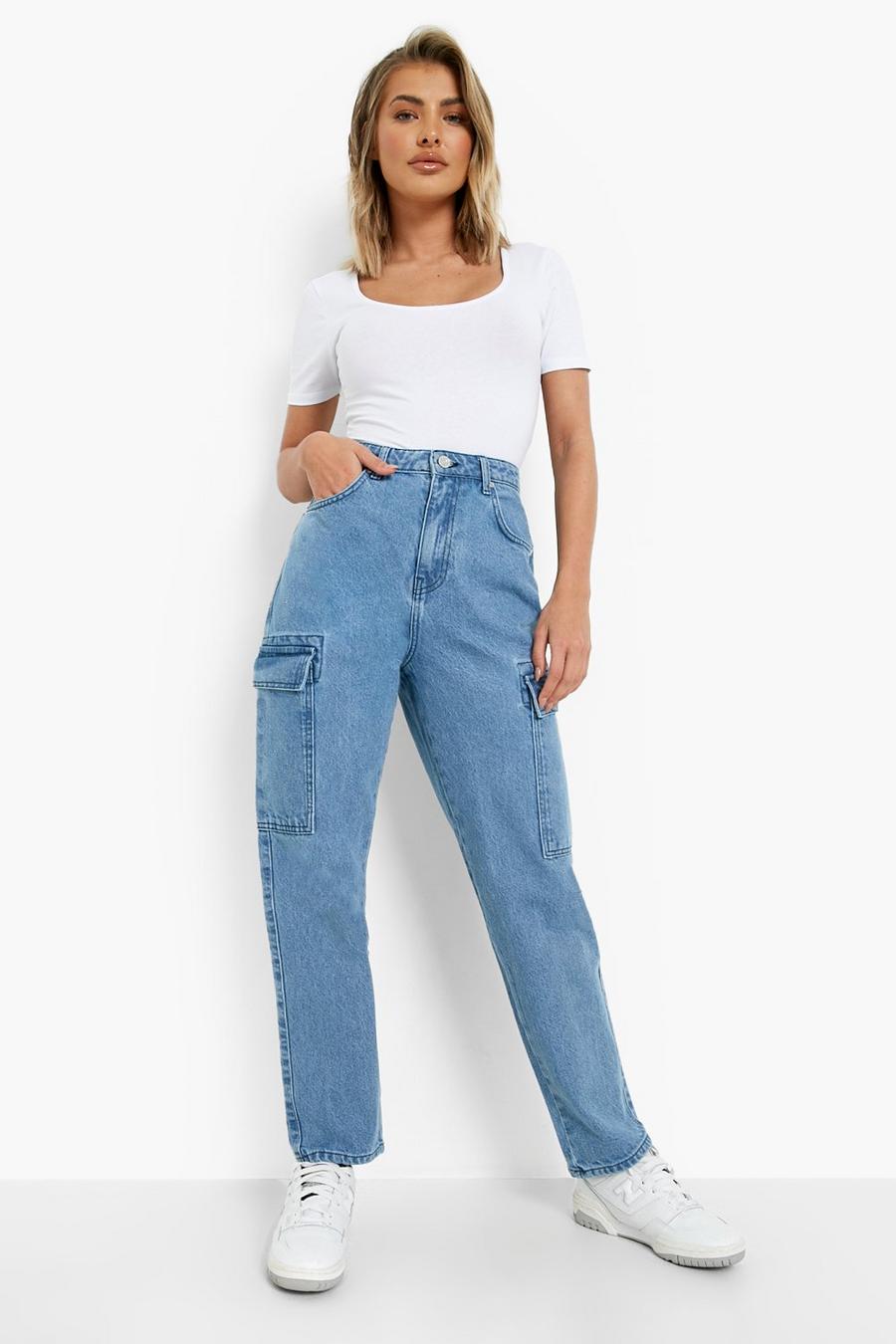 Mid blue High Waisted Cargo Mom Jeans image number 1