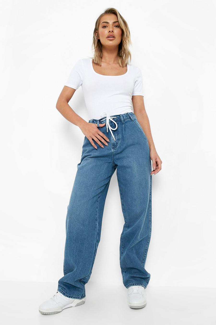Mid blue Drawcord Baggy Fit Jeans image number 1