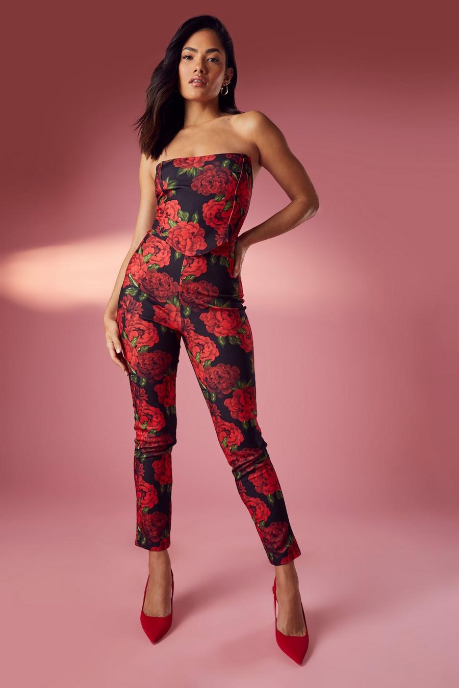 Whitive Womens Slim Fit Floral Printed Top+Long Pant Bodycon Jumpsuit
