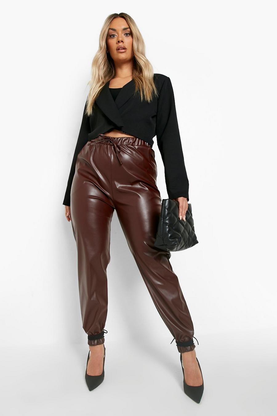 Chocolate brown Plus Pu Leather Look Track Pants