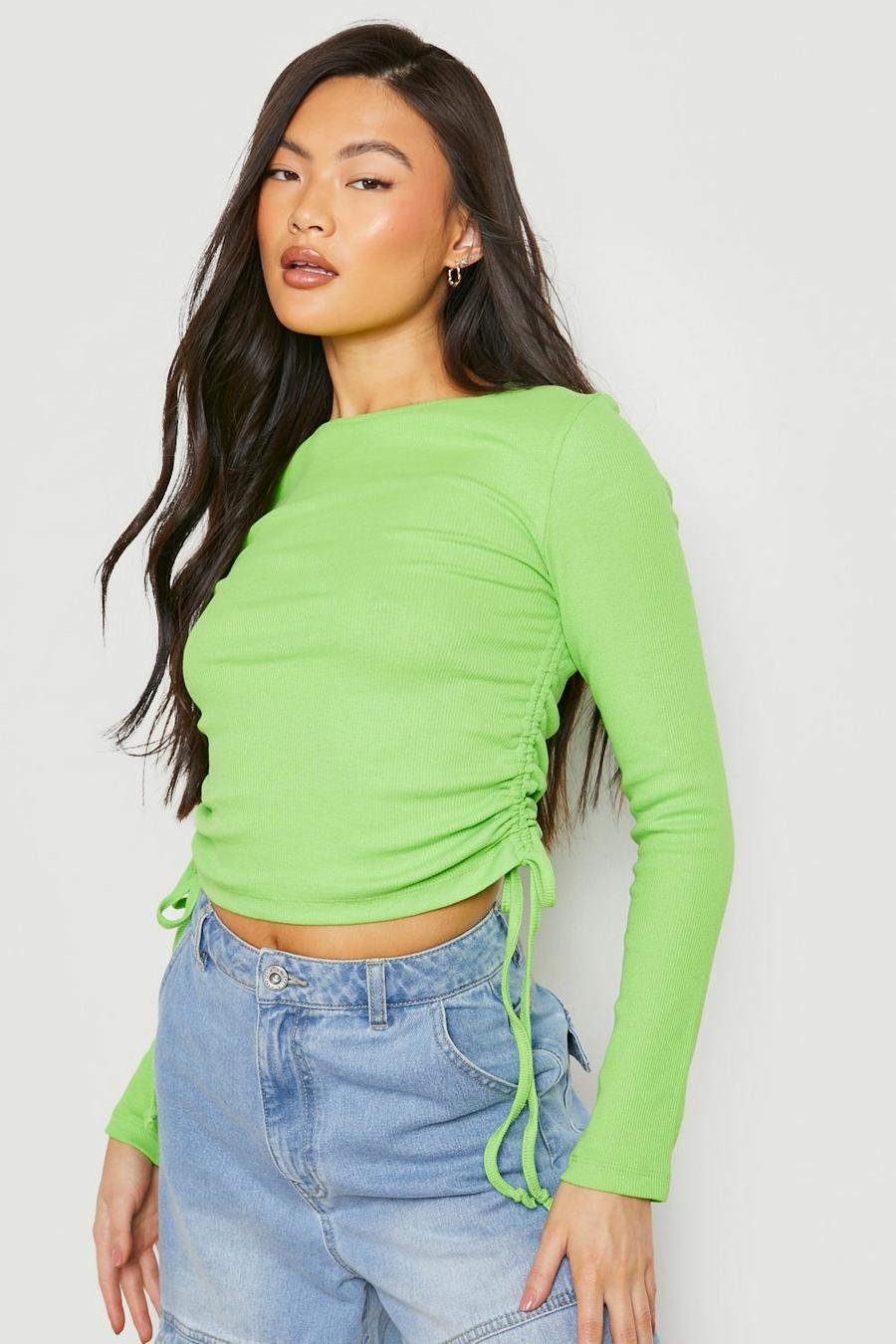 Green Side Ruched Long Sleeve Crop Top image number 1