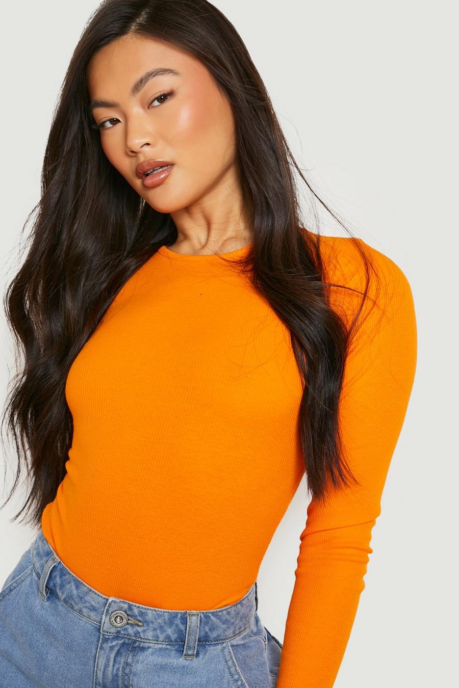 Women's Orange Rib Long Sleeve Bodysuit