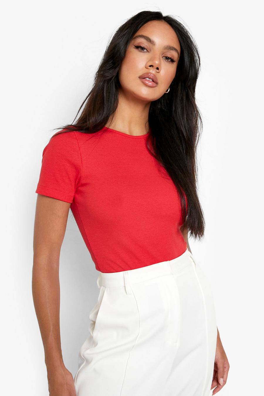 Red Short Sleeve Crew Neck Rib Top image number 1