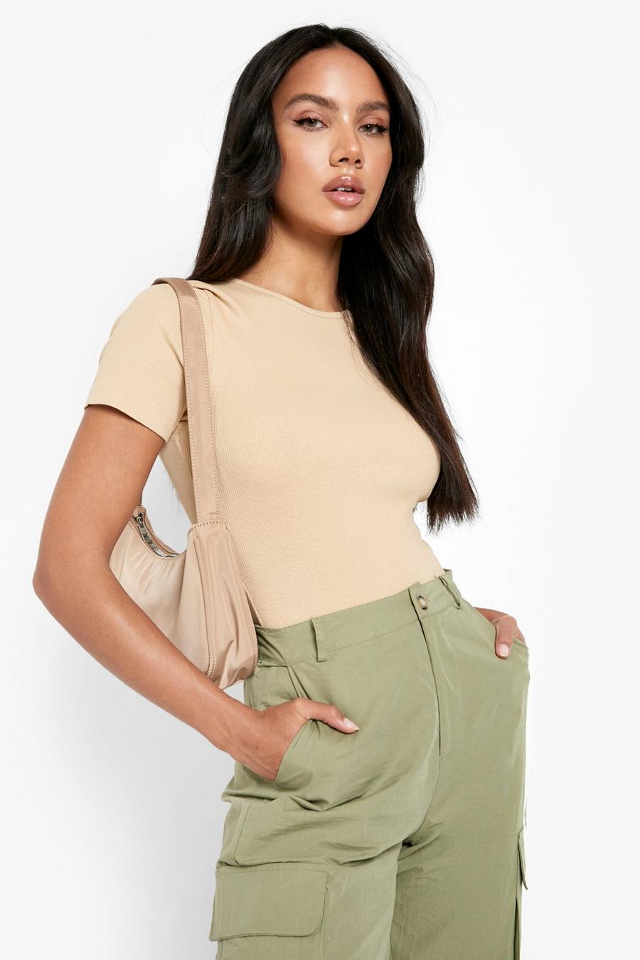 Taupe Short Sleeve Crew Neck Rib Top image number 1