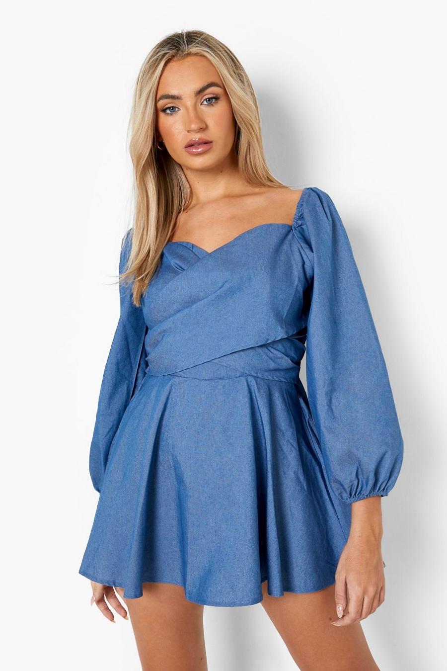 Mid blue Wrap Puff Sleeve Tiered Denim Romper image number 1