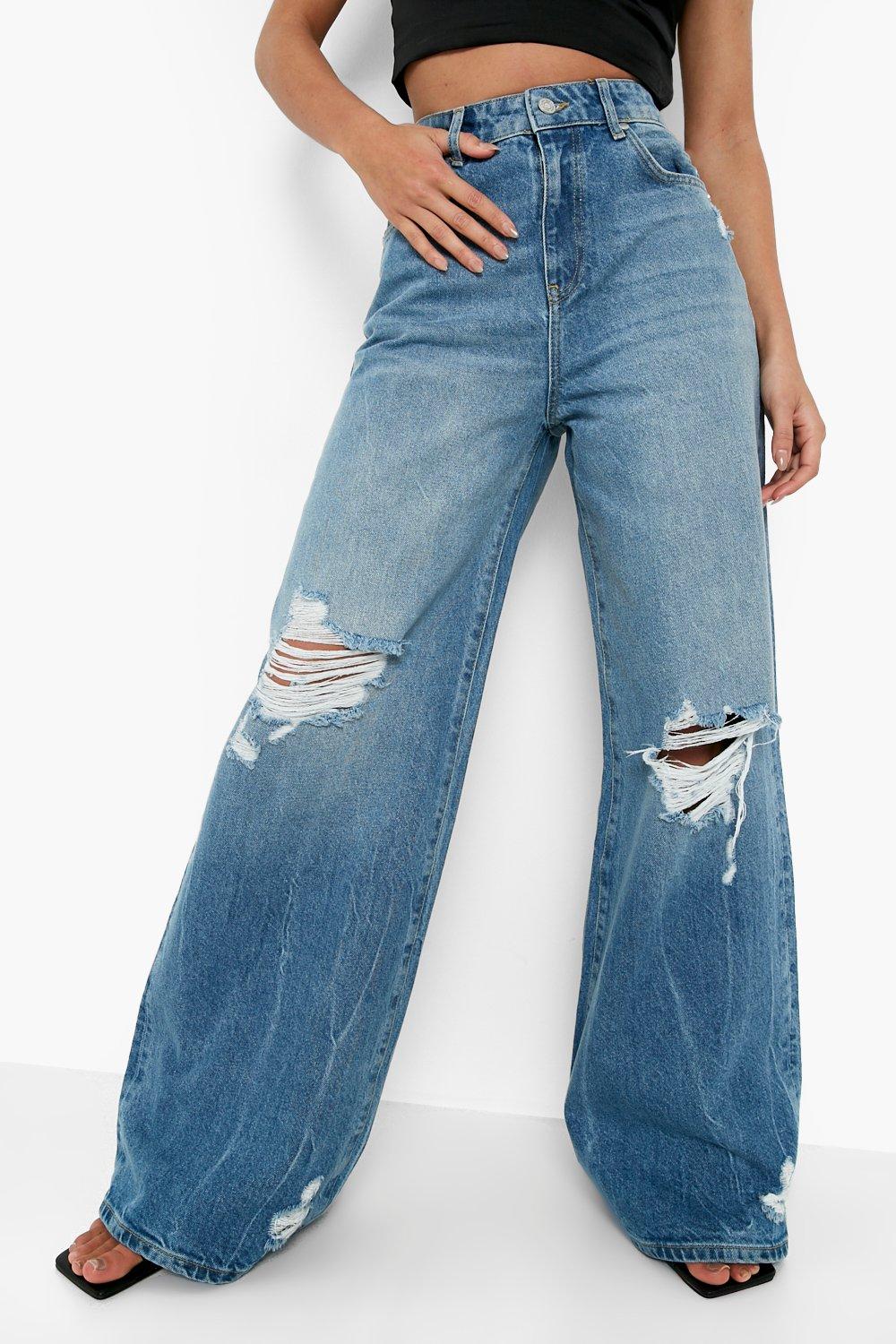 Wide-Leg Distressed Jeans