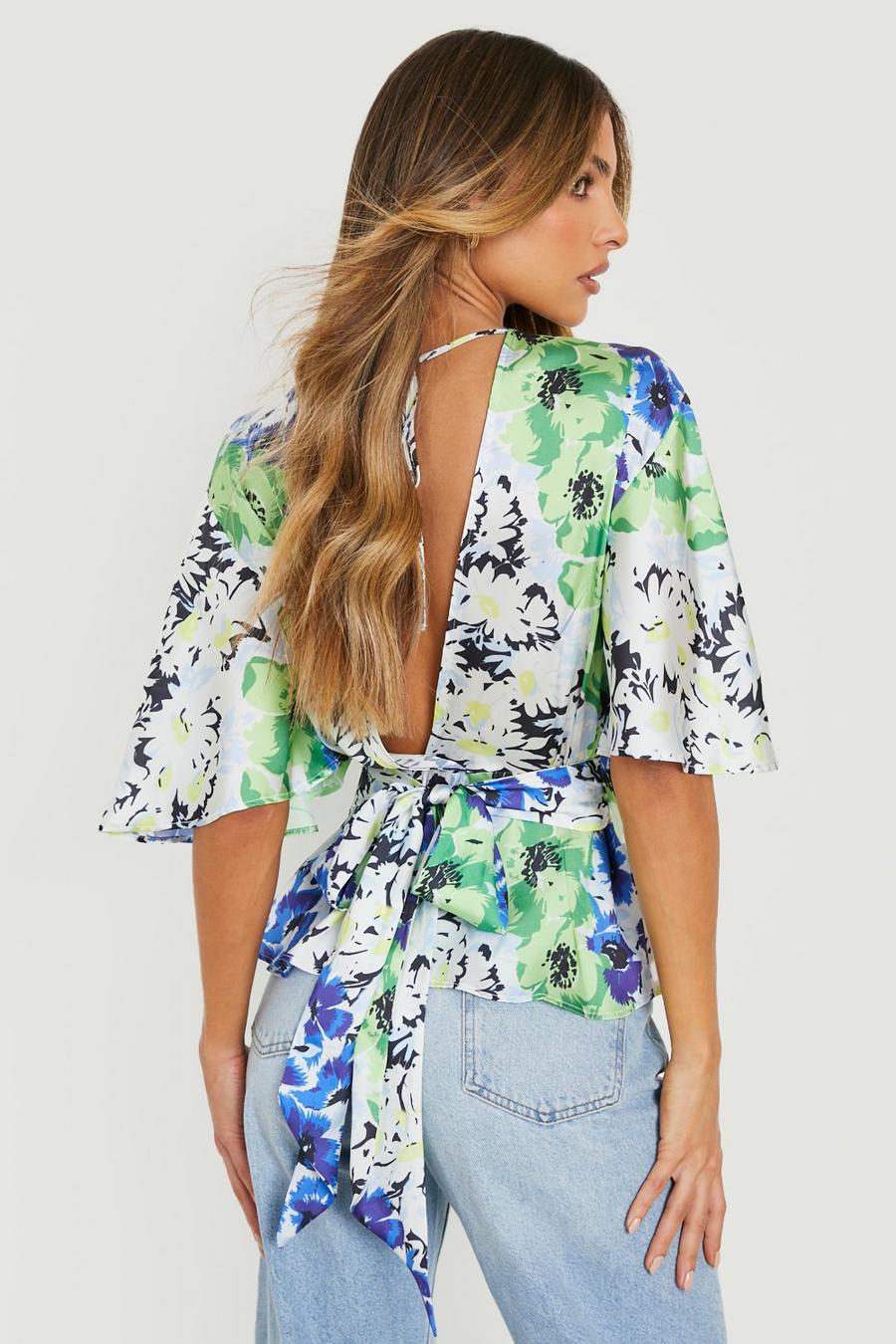 Green Floral Print Short Flare Sleeve Tie Back Top 