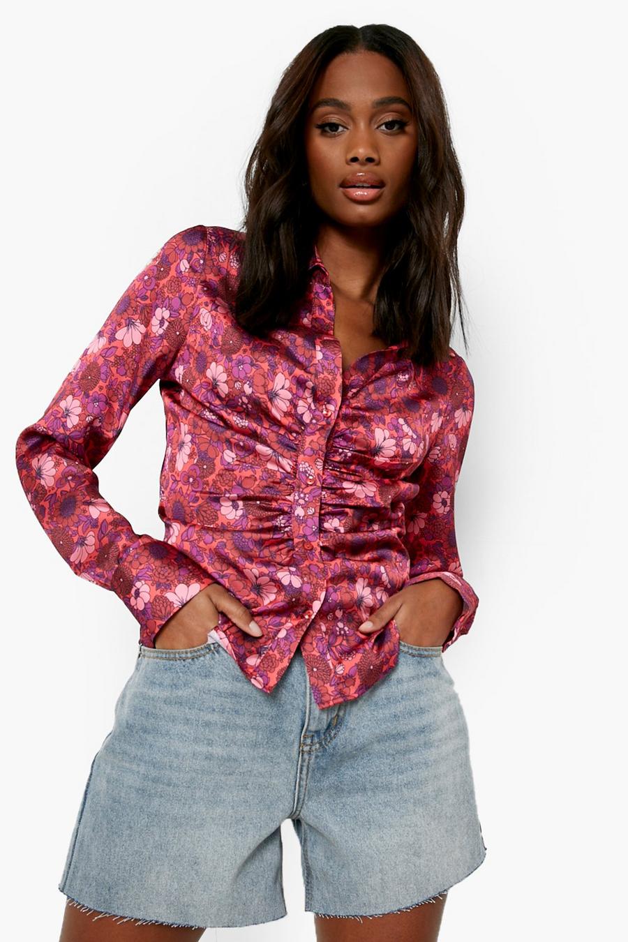 Pink Floral Print Ruched Front Woven Shirt image number 1