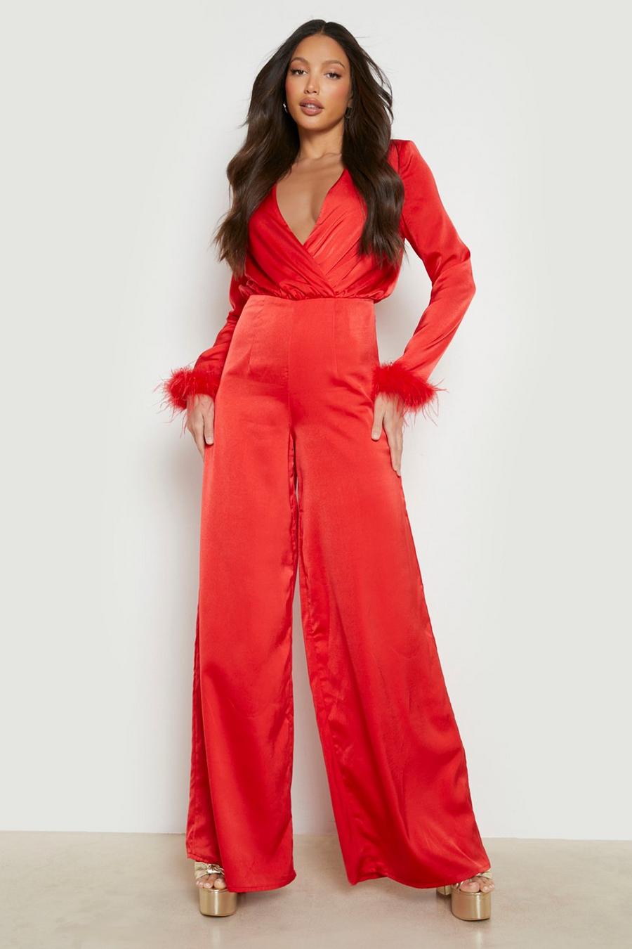 Red Tall Feather Detail Plunge Jumpsuit image number 1