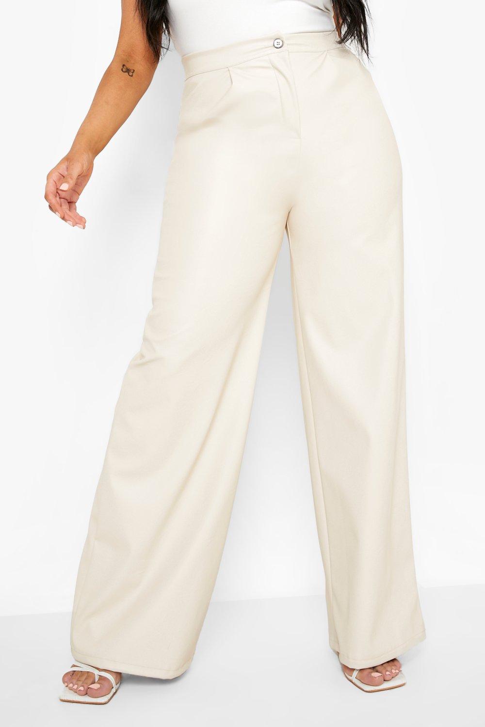 boohoo Plus Button High Waisted Wide Leg Pants - Beige - Size 22