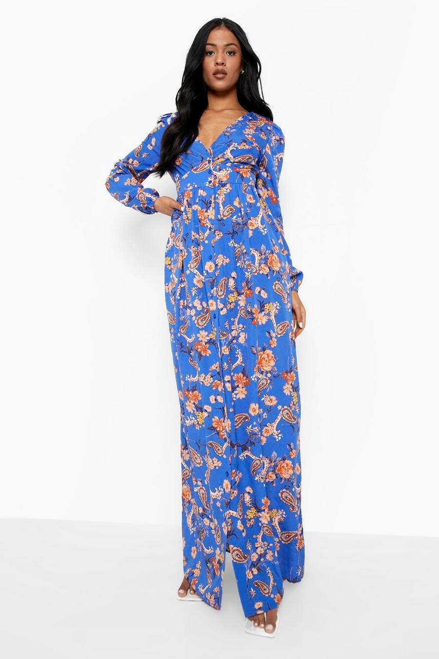 Blue Tall Paisley Print Plunge Maxi Dress image number 1