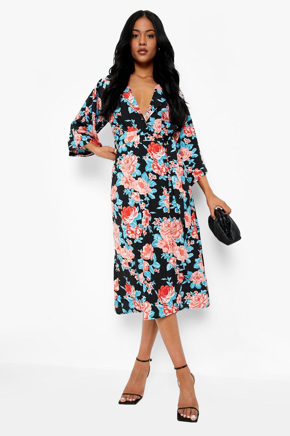 Women's Tall Floral Wrap Kimono Midi ...