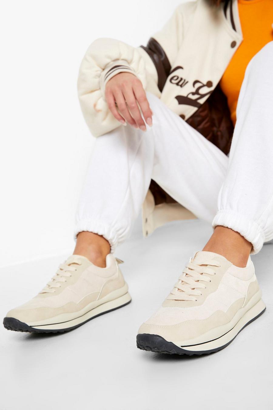 Beige Multi Paneled Double Sole Chunky Sneakers image number 1