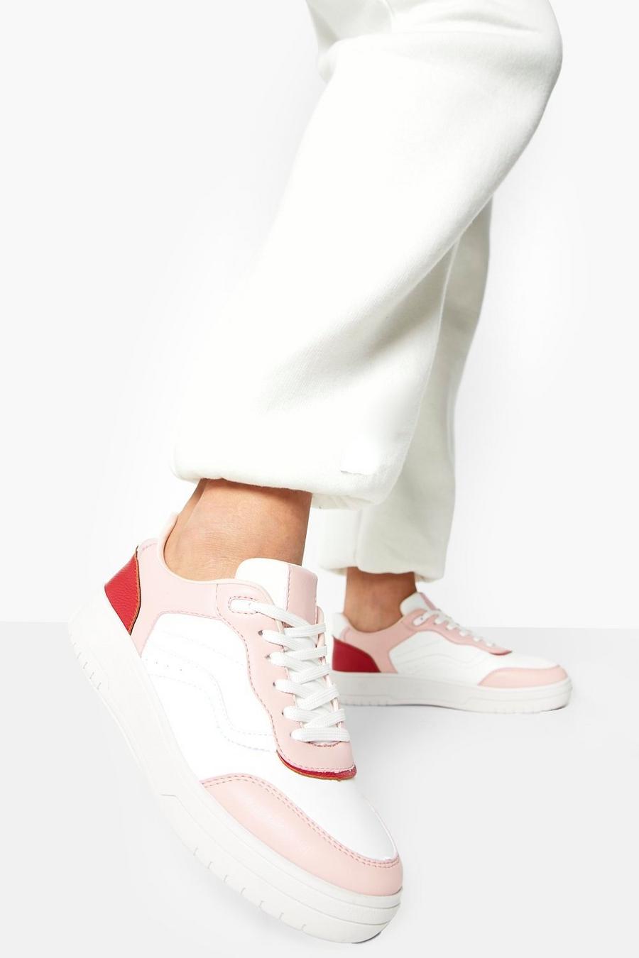 Pink rosa Sneakers med platåsula och kontrastpaneler image number 1