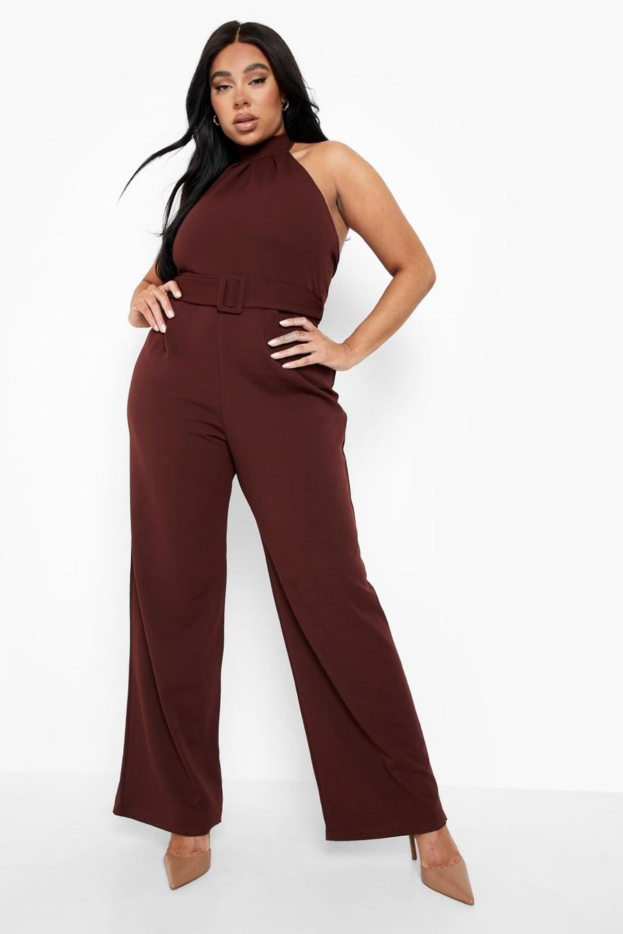 ASOS Damen Kleidung Jumpsuits Twill strappy halter neck jumpsuit with wide leg in rust 