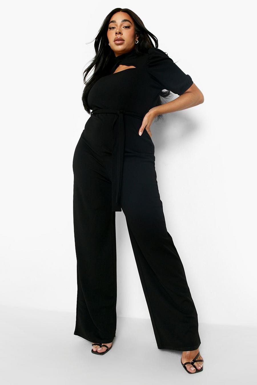 Black Plus Choker Cut Out Puff Sleeve Jumpsuit  image number 1