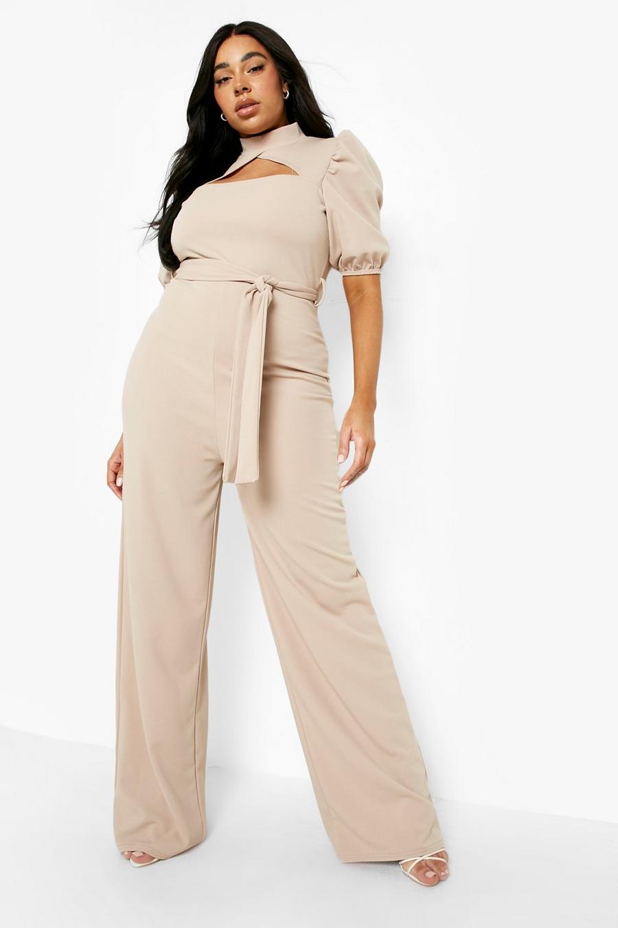 Stone beige Plus Choker Cut Out Puff Sleeve Jumpsuit image number 1