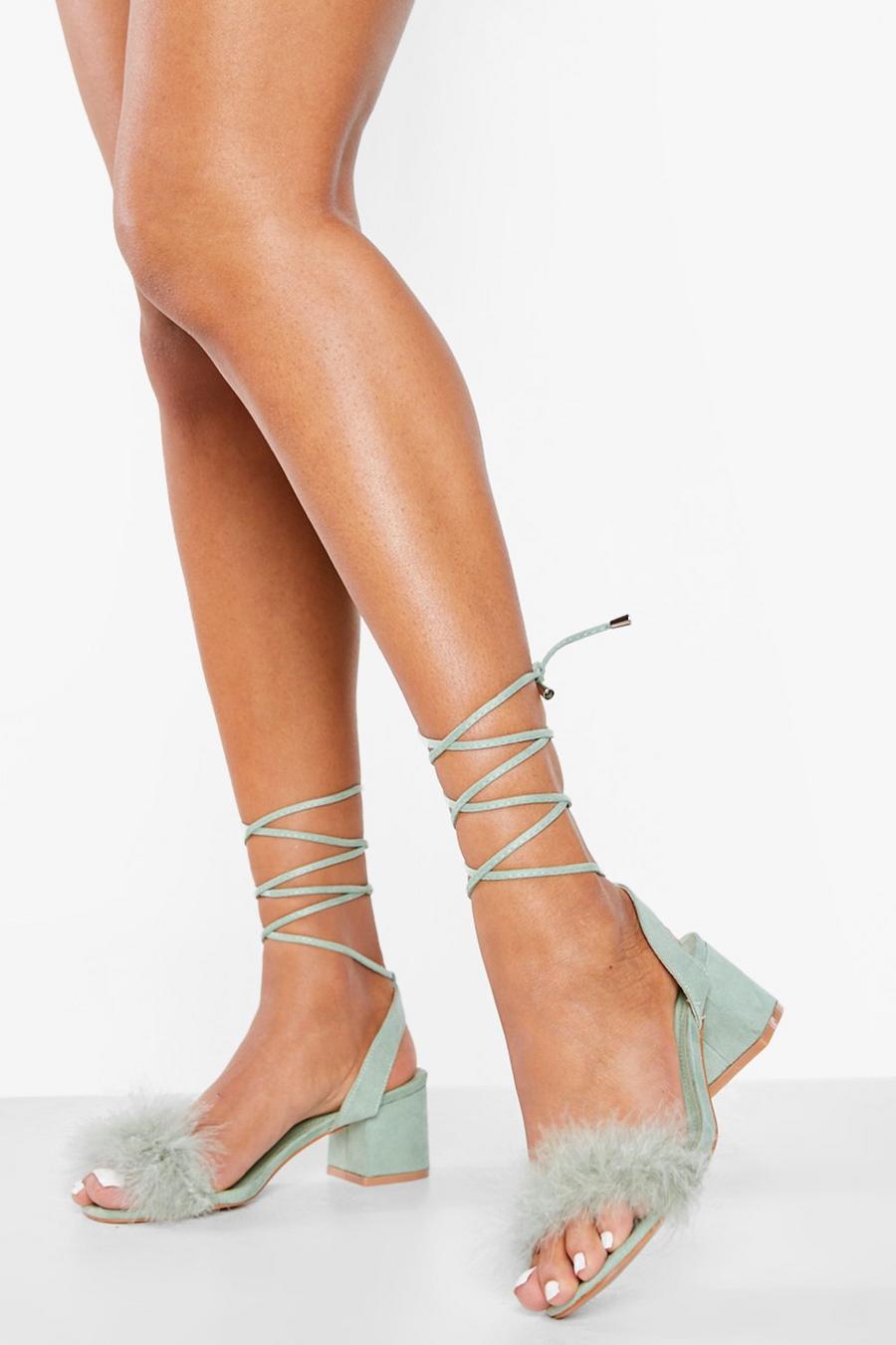 Mint green Wide Fit Feather Trim Two Part Low Block Heels image number 1