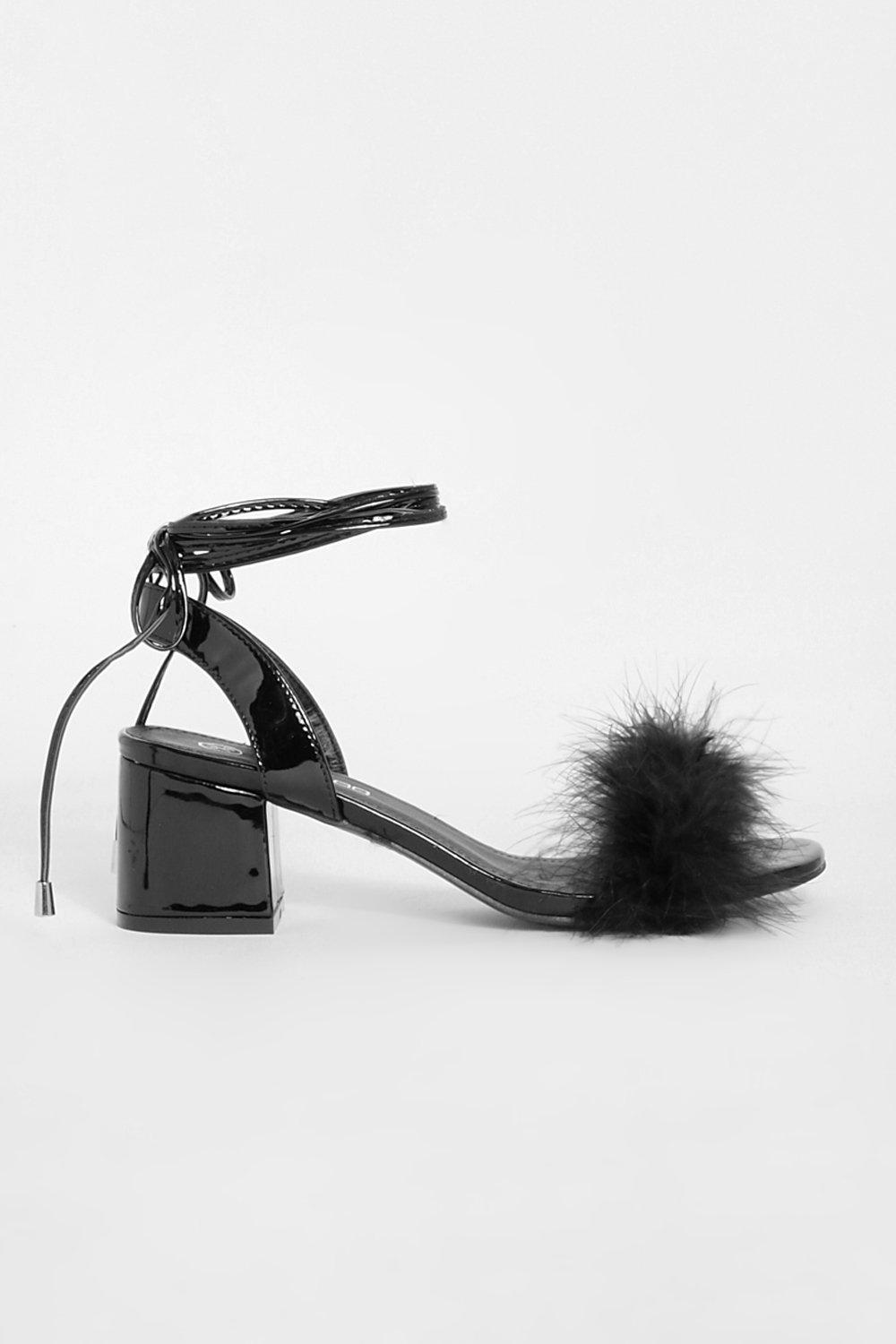 Black fluffy block online heels