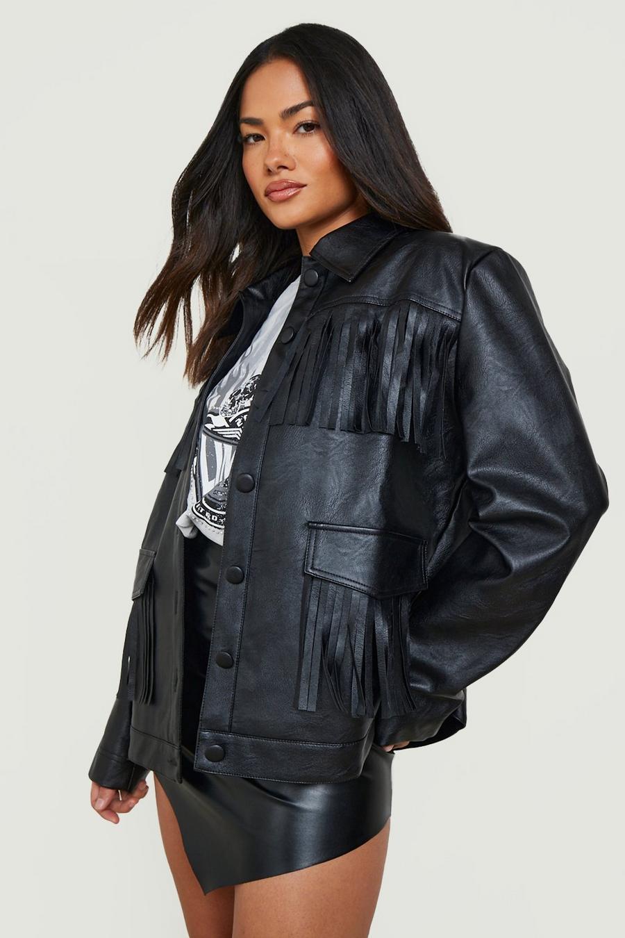 Black Fringe Faux Leather Jacket