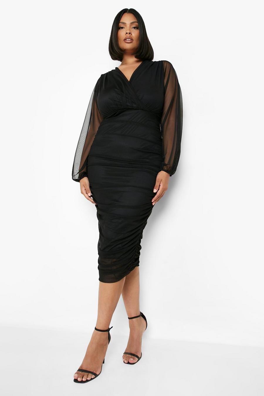 Black Plus Mesh Wrap Ruched Midi Dress image number 1